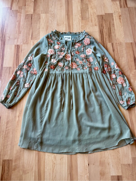 Savanna Jane Dresses & Skirts - Savanna Jane Olive Green Floral Embroidered Long-Sleeve Tunic Dress